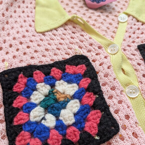 Upcycled Designer Long Sleeve Knit Granny Square Collared Crop Top Megan O'Cain - Picture 4 of 11